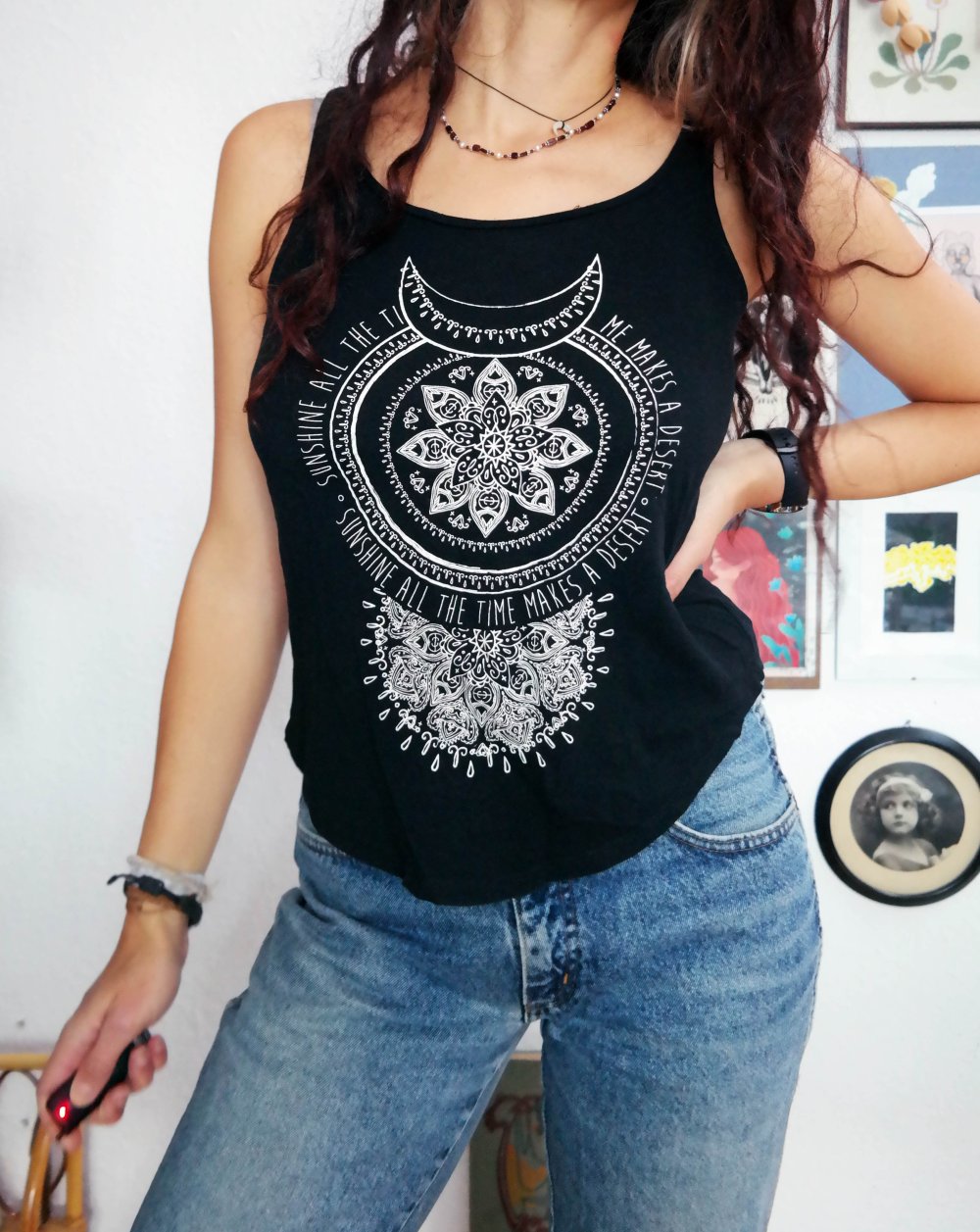 Mandala Hippie Tanktop Mond Sonne Wicca schwarz Ethno XS S 34 36