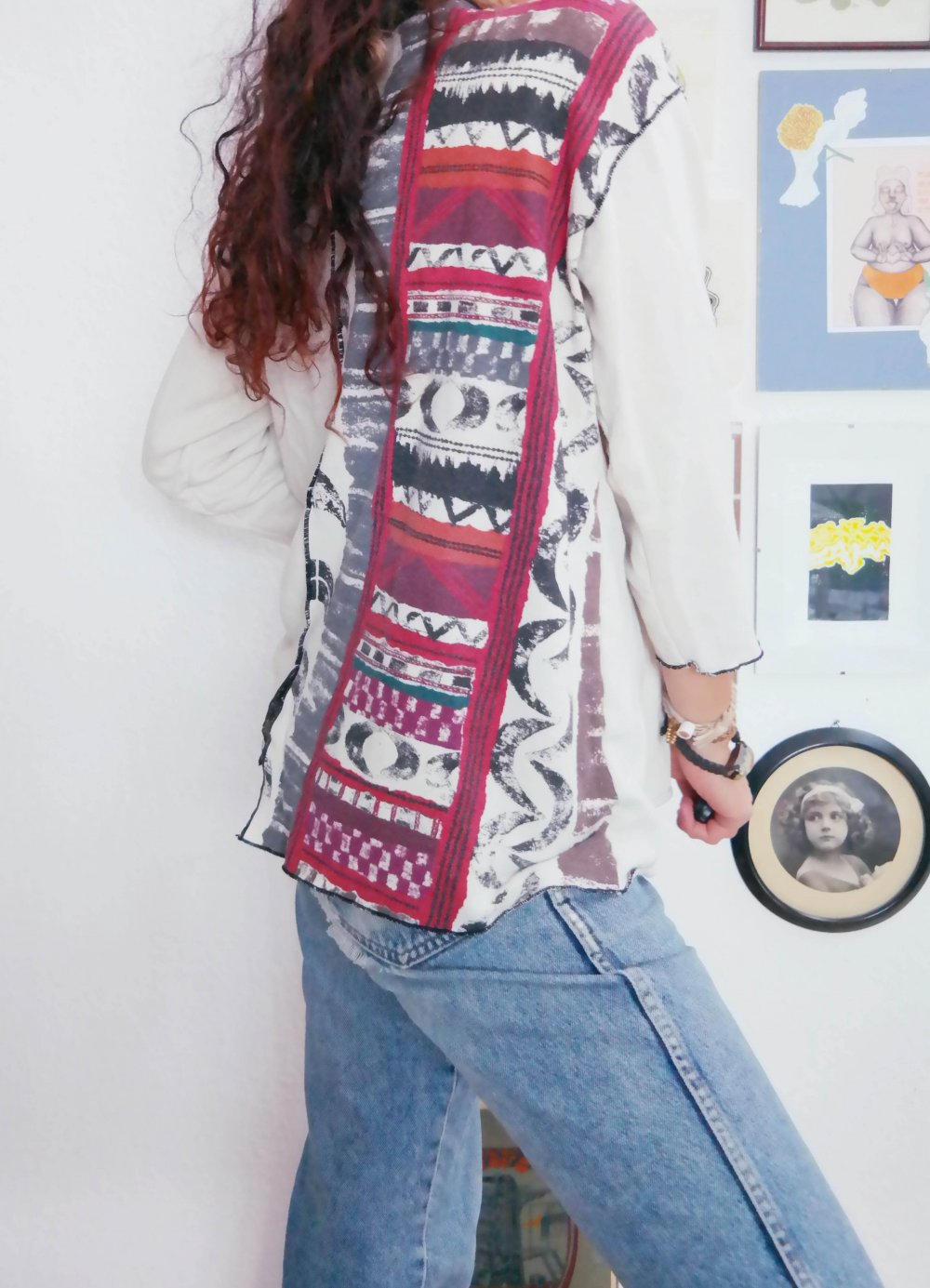 Vintage Sweater Ethno Muster oversized Zum Binden L XL 40 42 weiß bunt Sweatshirt