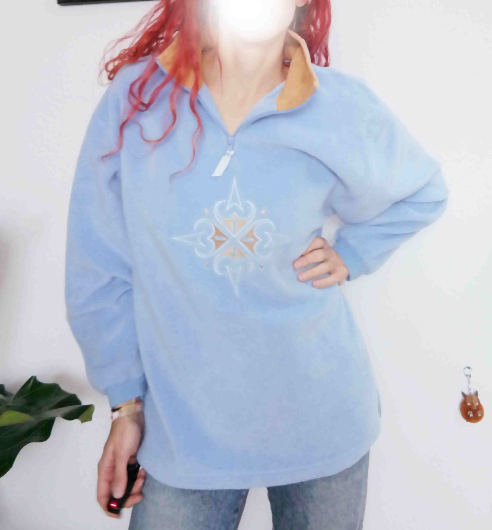 Vintage Fleecepullover Pullover Sweater Sweatshirt Tribal Mandala hellblau weich kuschelig Stickerei bestickt XL 42 