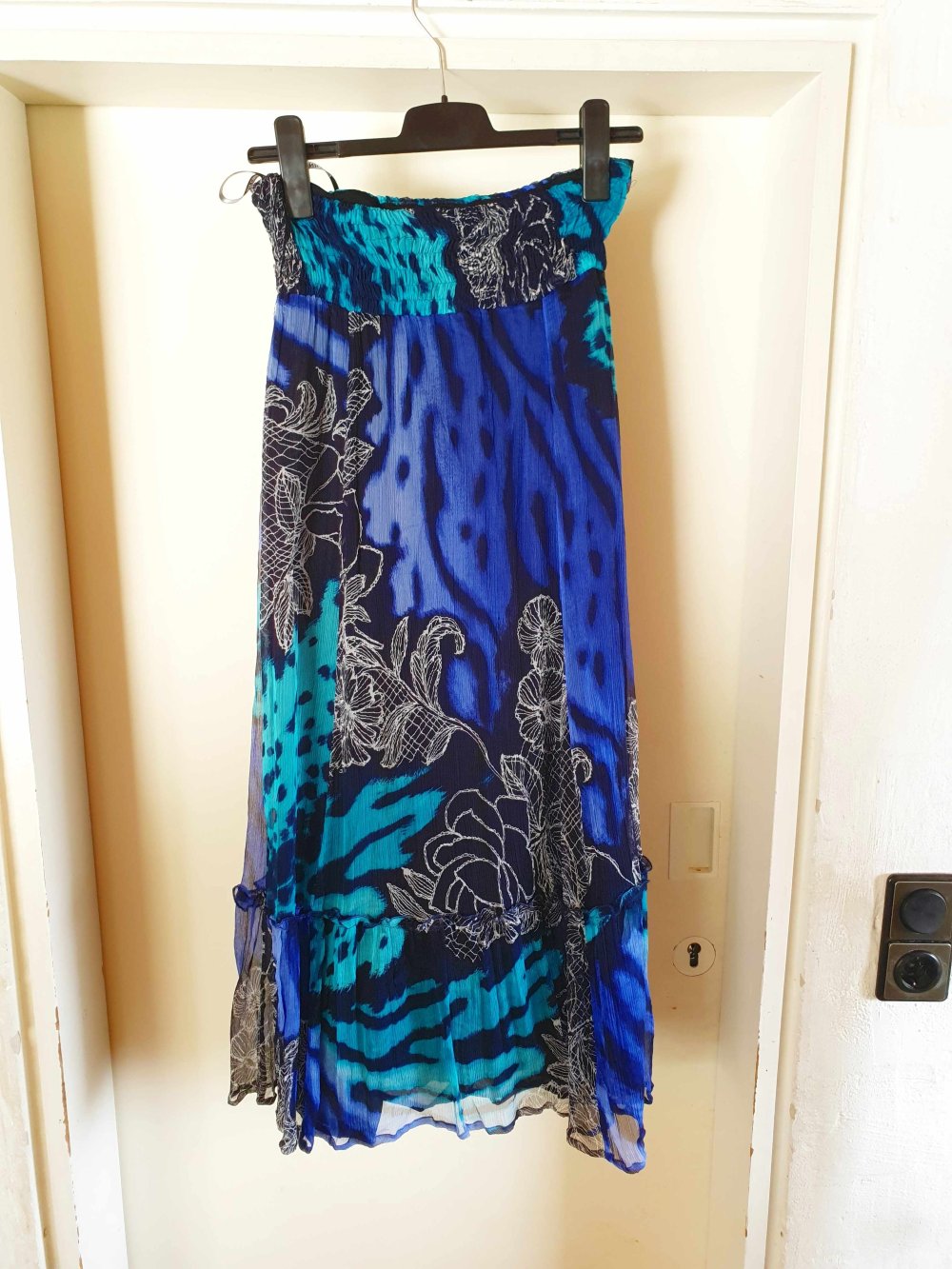 Nicowa Maxirock 100% Seide crinkle bunt Rock Sommer blau transparent Blumen gblümt XL 42 L 40
