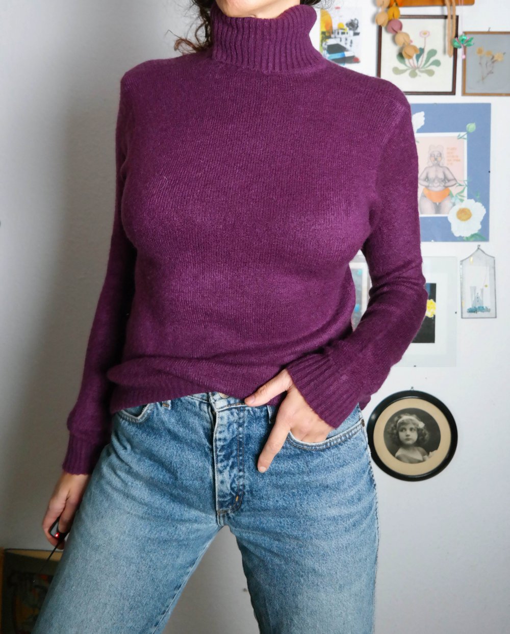 Rollkragenpullover Wollpullover Strickpullover Lila Mohair Wolle weich M 38 S 36