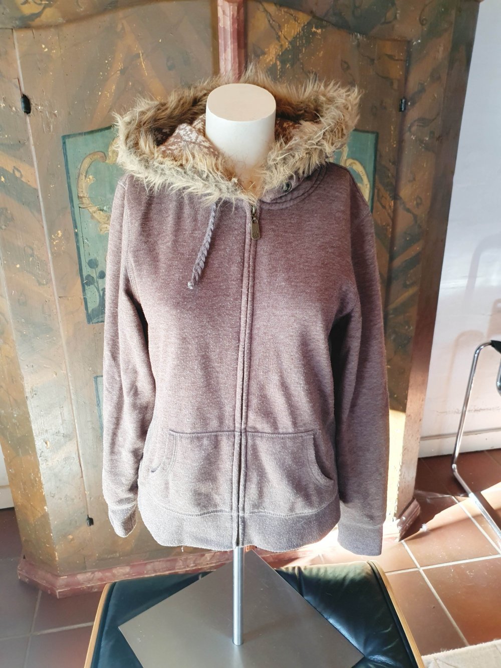 Sweatjacke Kapuzenjacke Zipper Fellkragen Fake Fur Strickmuster Norweger L 40 42 braun
