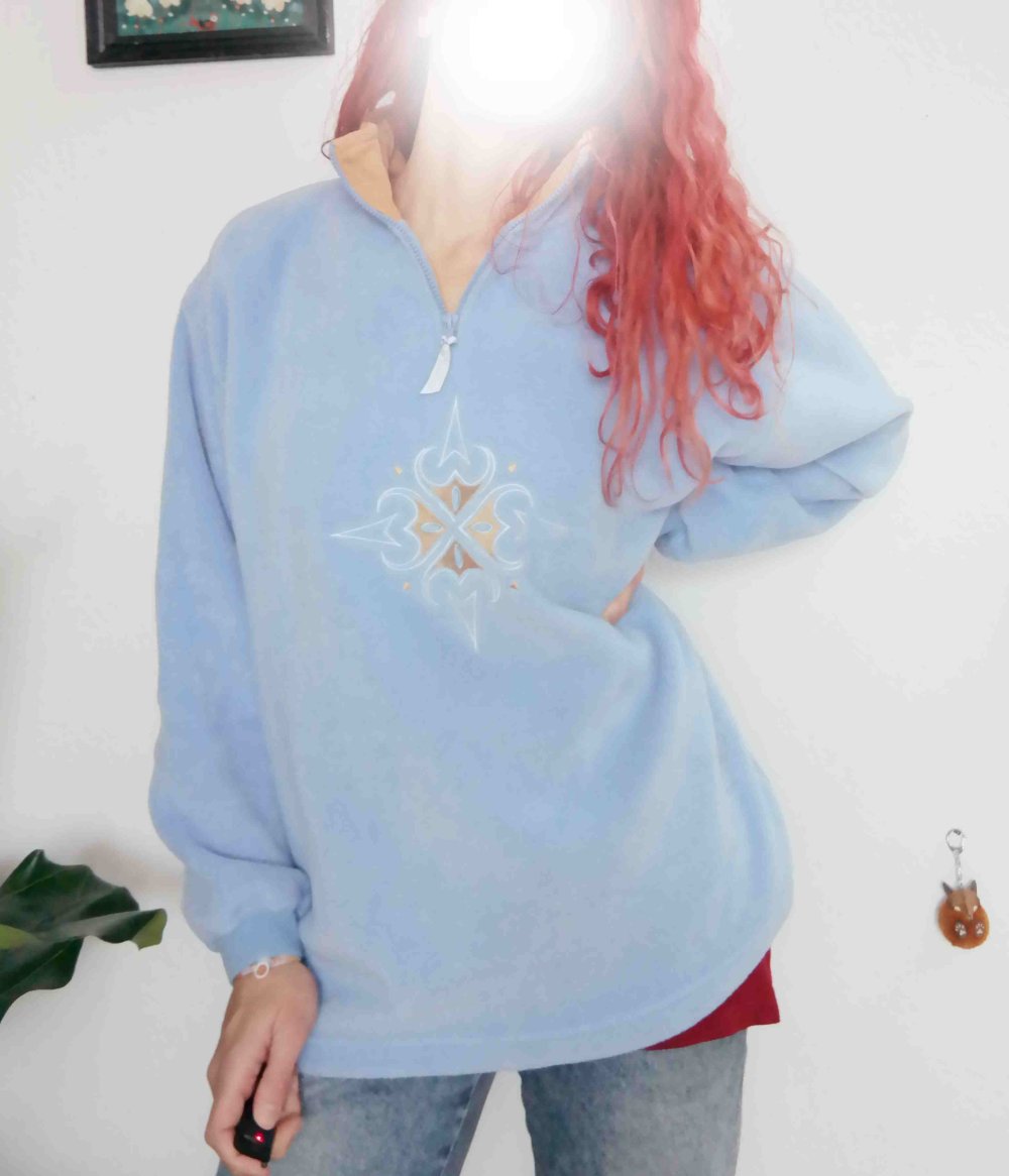 Vintage Fleecepullover Pullover Sweater Sweatshirt Tribal Mandala hellblau weich kuschelig Stickerei bestickt XL 42 
