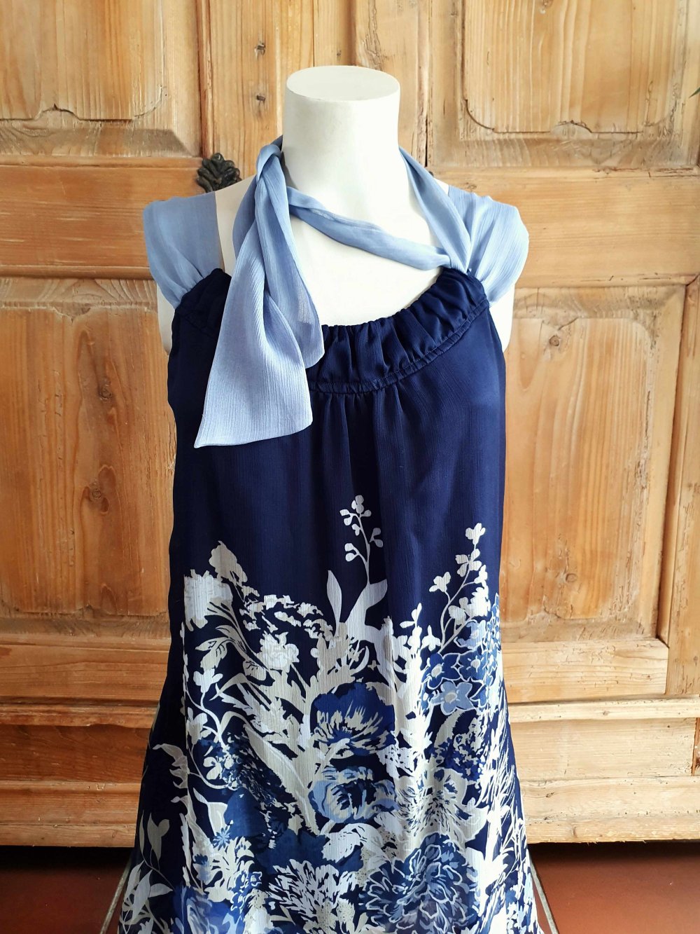 Zero Minikleid Schleife Tunika geblümt Blumen blau bunt Satin Fairy 36 S Empire