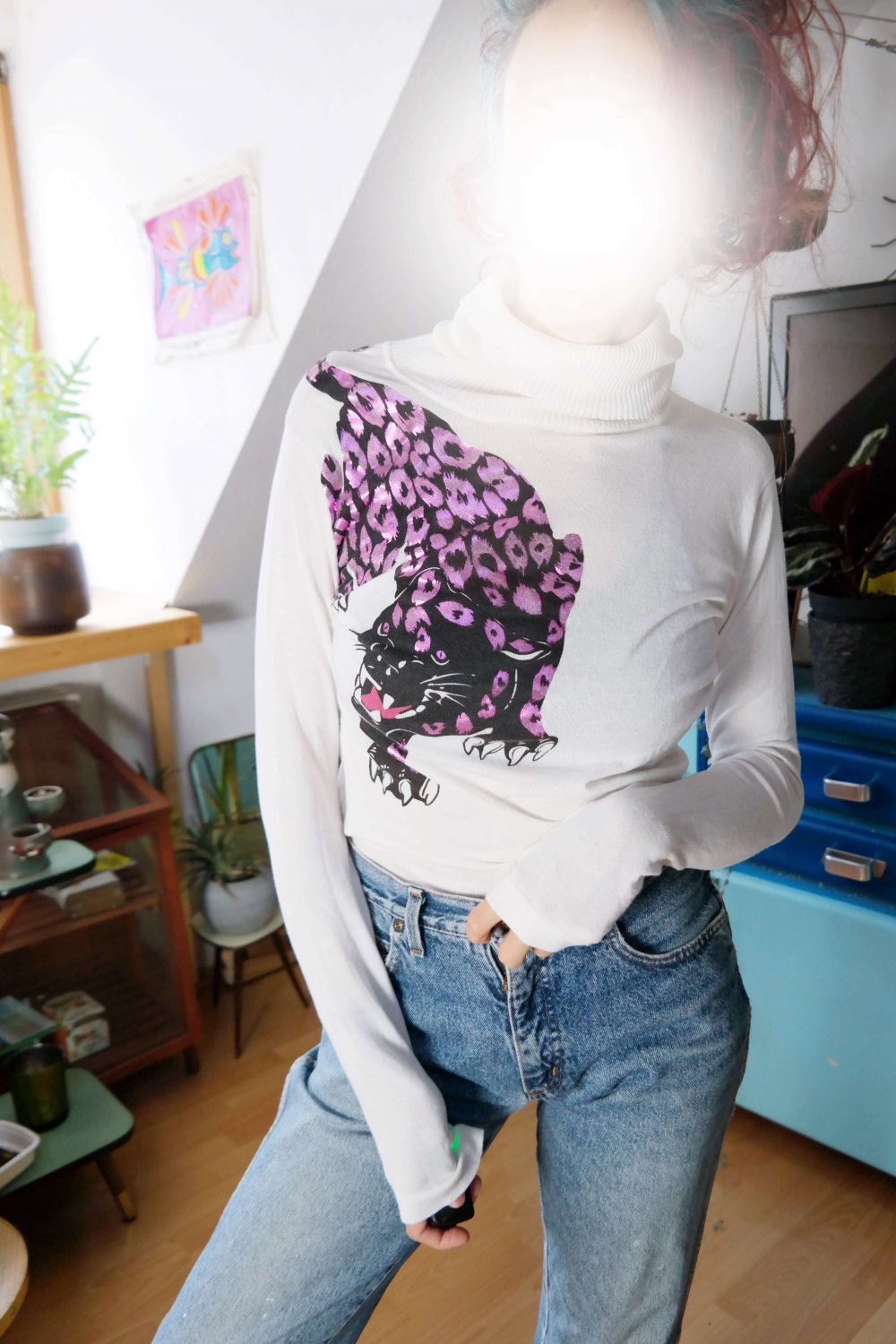 Rollkragenpullover Rolli Review weiß Panther Leopard schwarz pink shiny glimmer glänzend Vintage S 38 M 40