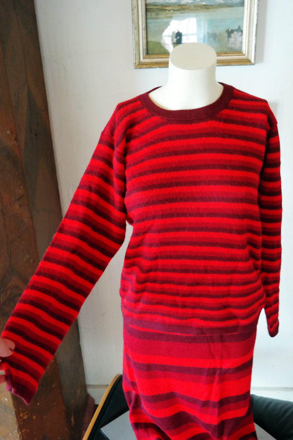 100% Wolle Set Strickpullover Wollpullover Strickrock Wollrock bunt rot Alpaka L 40 Peru Hippie Ethno