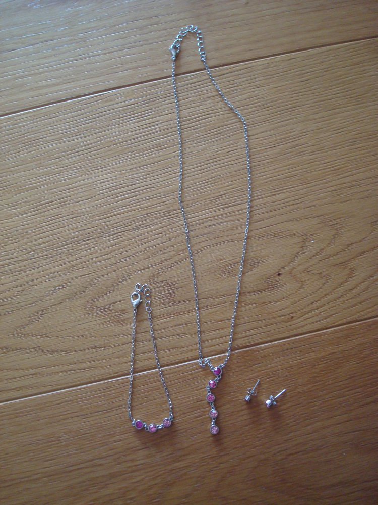 Schmuckset Kette Ohrringe Armband / Fusskettchen mit rosa Glassteinen