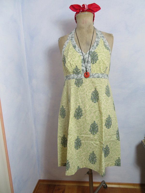Hippie Goa Kleid Rückenfrei Neckholder M Ethno Kleid knielang Indisch Blockprint