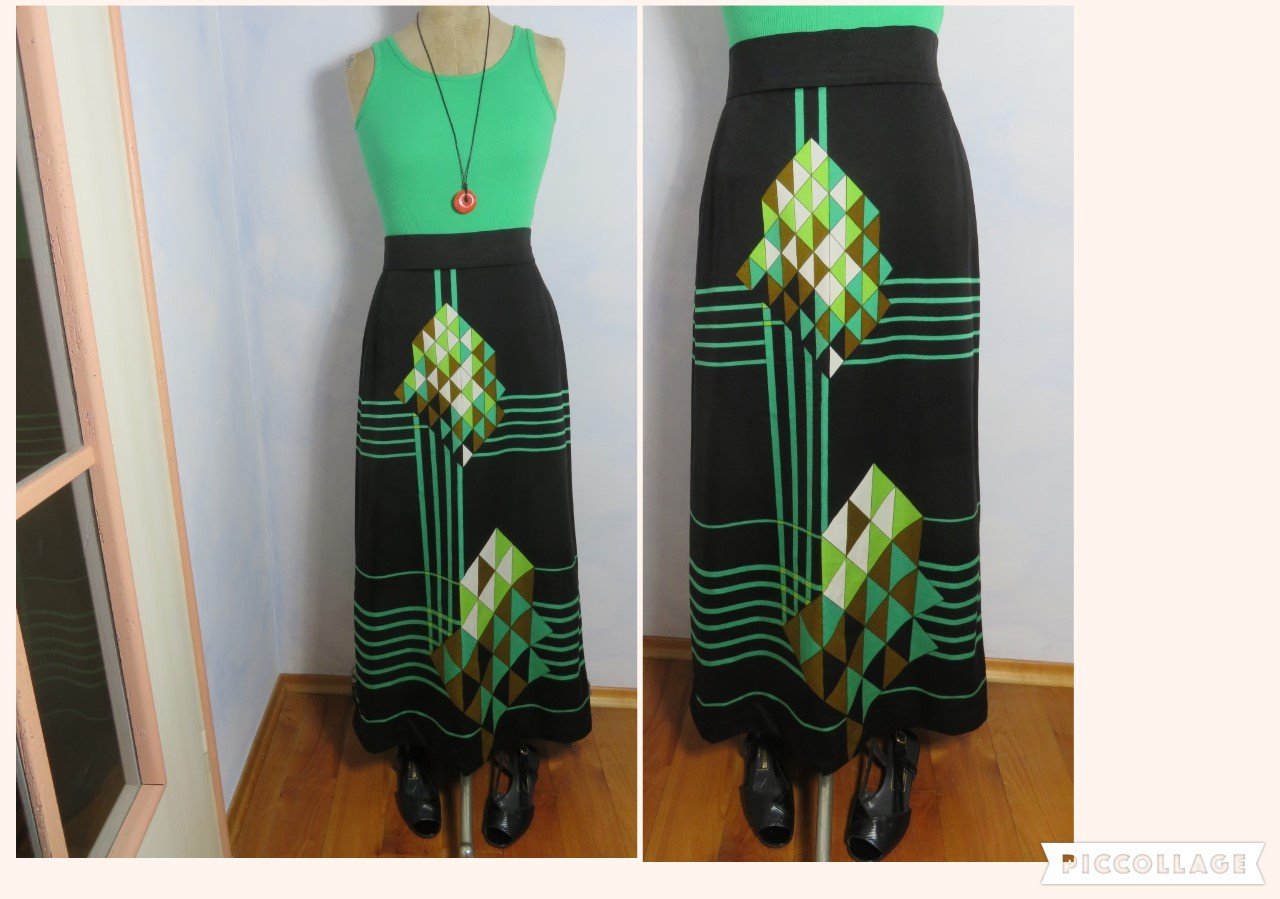 70er Jahre Mesh Rock Aztek Taillenrock High Waist Maxirock S