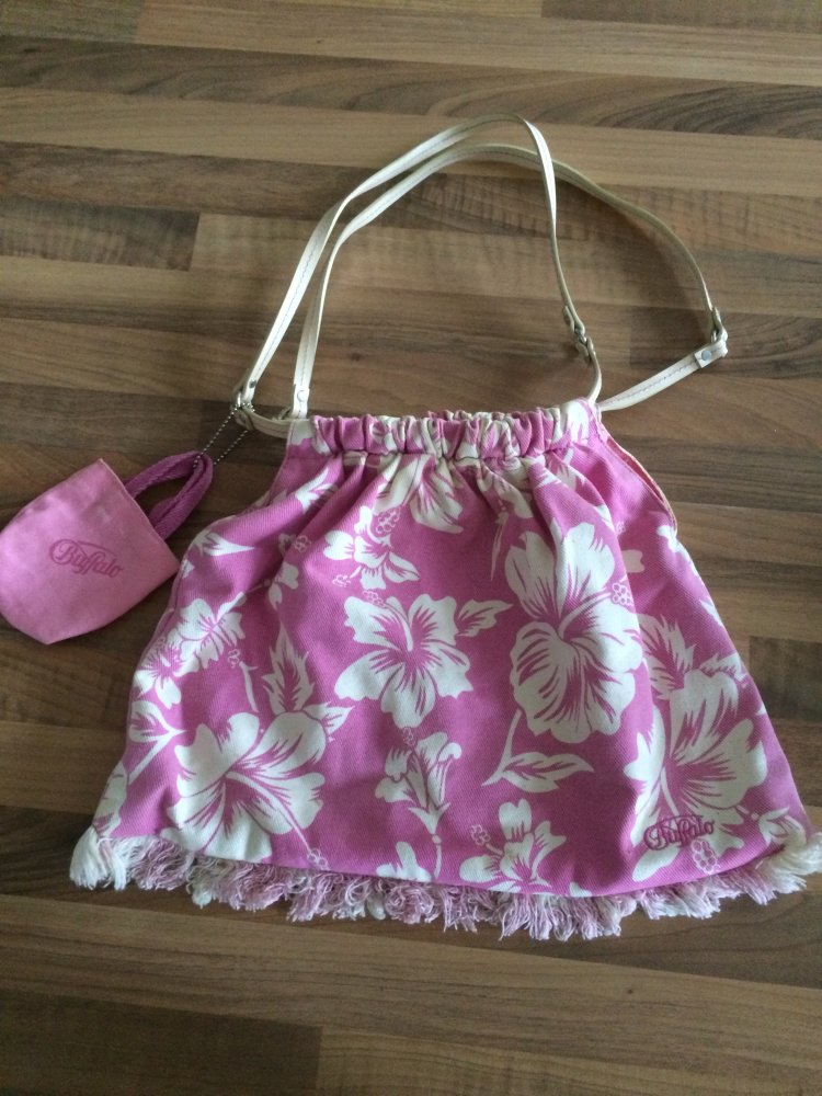 Süße Buffalo Stoff Tasche mit Fransen Hawaii Muster rose weiß