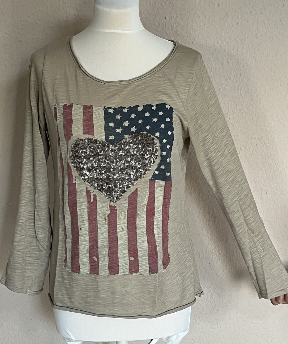 2 Made in Italy Two Layer Shirt Gr. L mit Pailletten Herz hellblau / braun