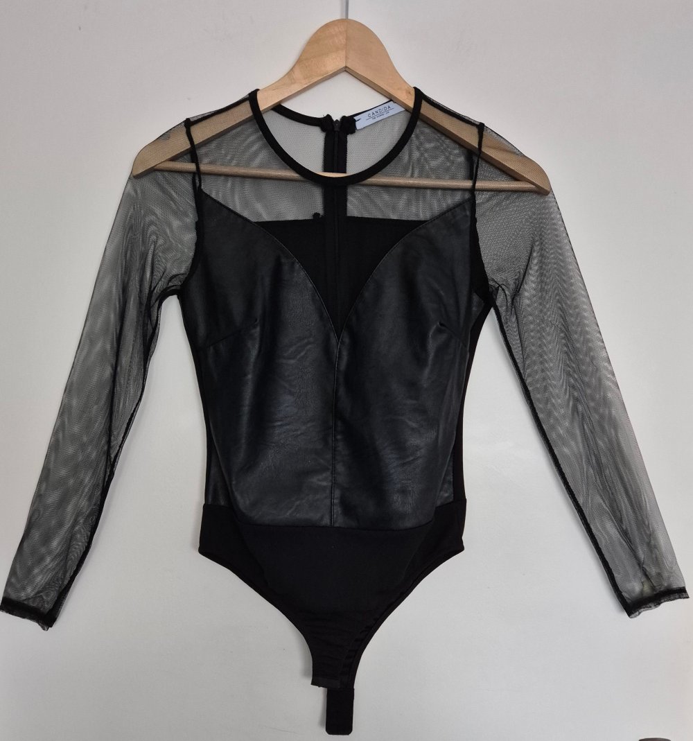 Candida Bodysuit mit Ledereinsätzen und Netz Made in Italy