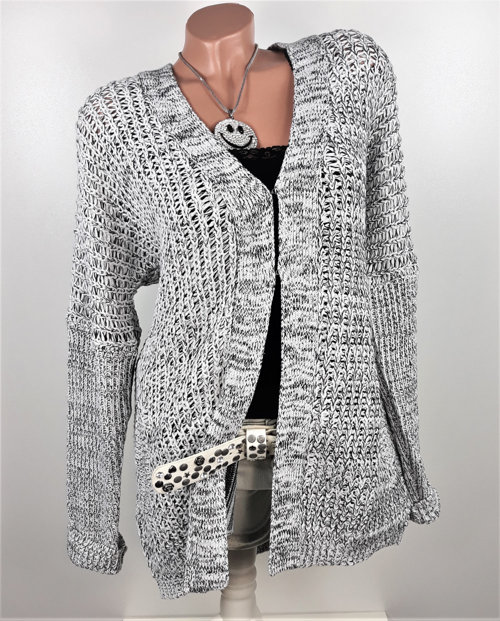 Strickjacke Cardigan Grobstrick Jacke Oversize grau meliert Größe 40 42 Offener Damen Cardigan, hellgrau meliert, 42