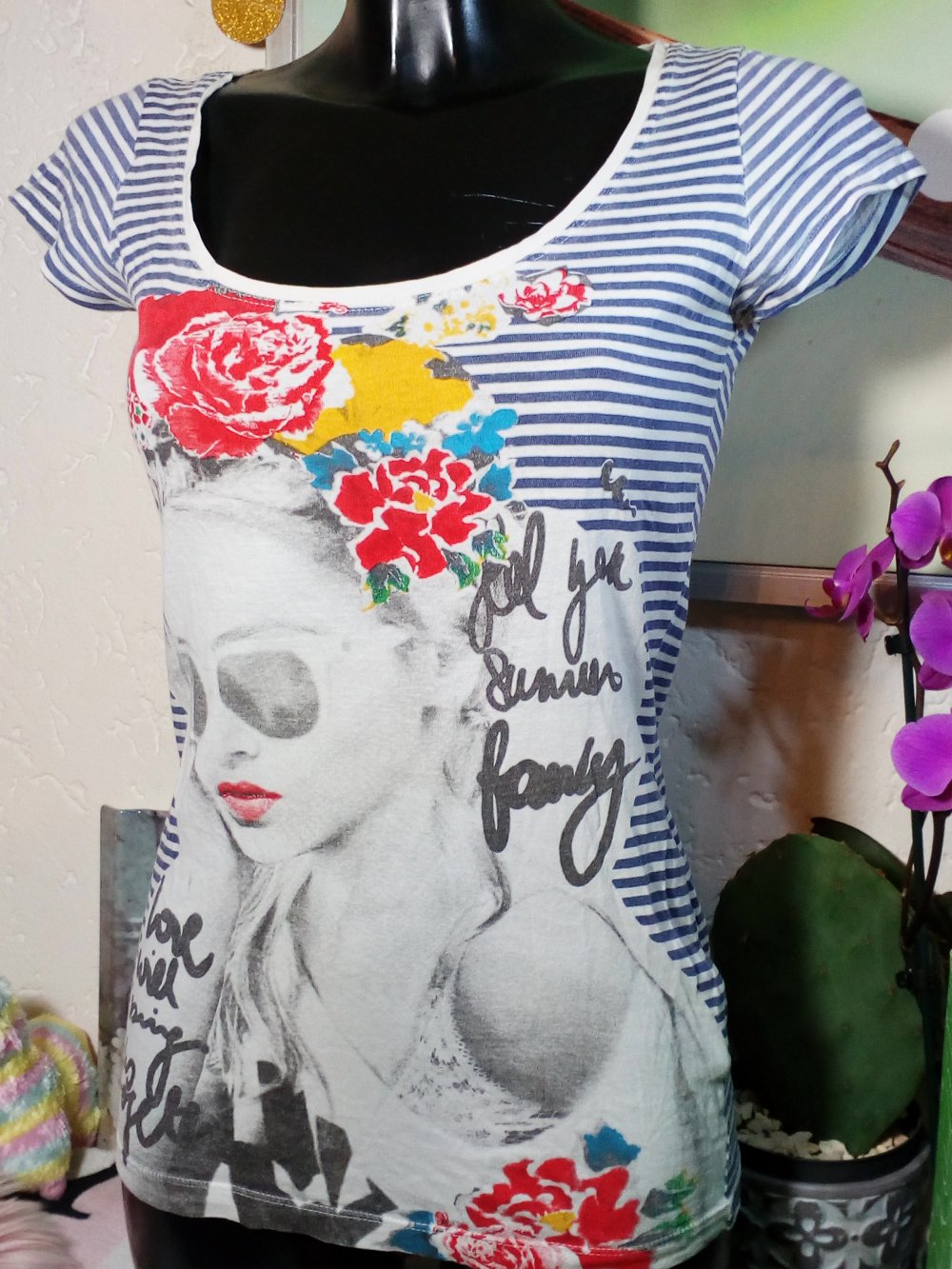 Hippie Sommer Tally Weijl Streifen Shirt mit Print Gr S 36 Small Weiß Blau gestreift bunter Print