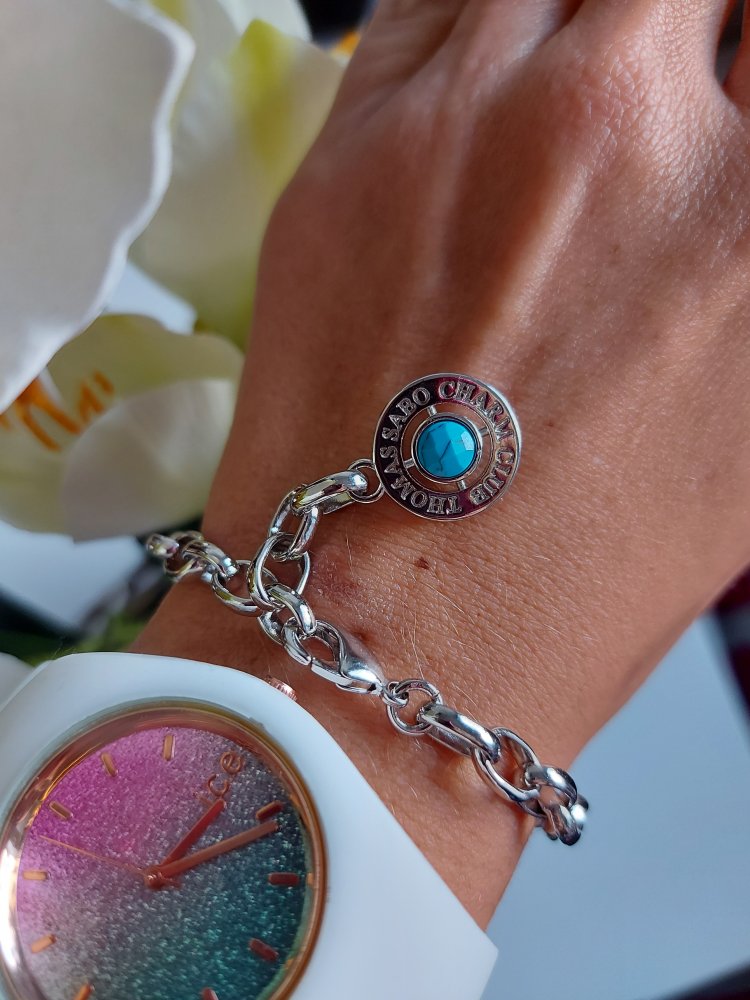 AUSVERKAUFT! Luxus 19,5cm Thomas Sabo Armband Gliederarmband Bettelarmband Silber Türkis Charm Bracelet 