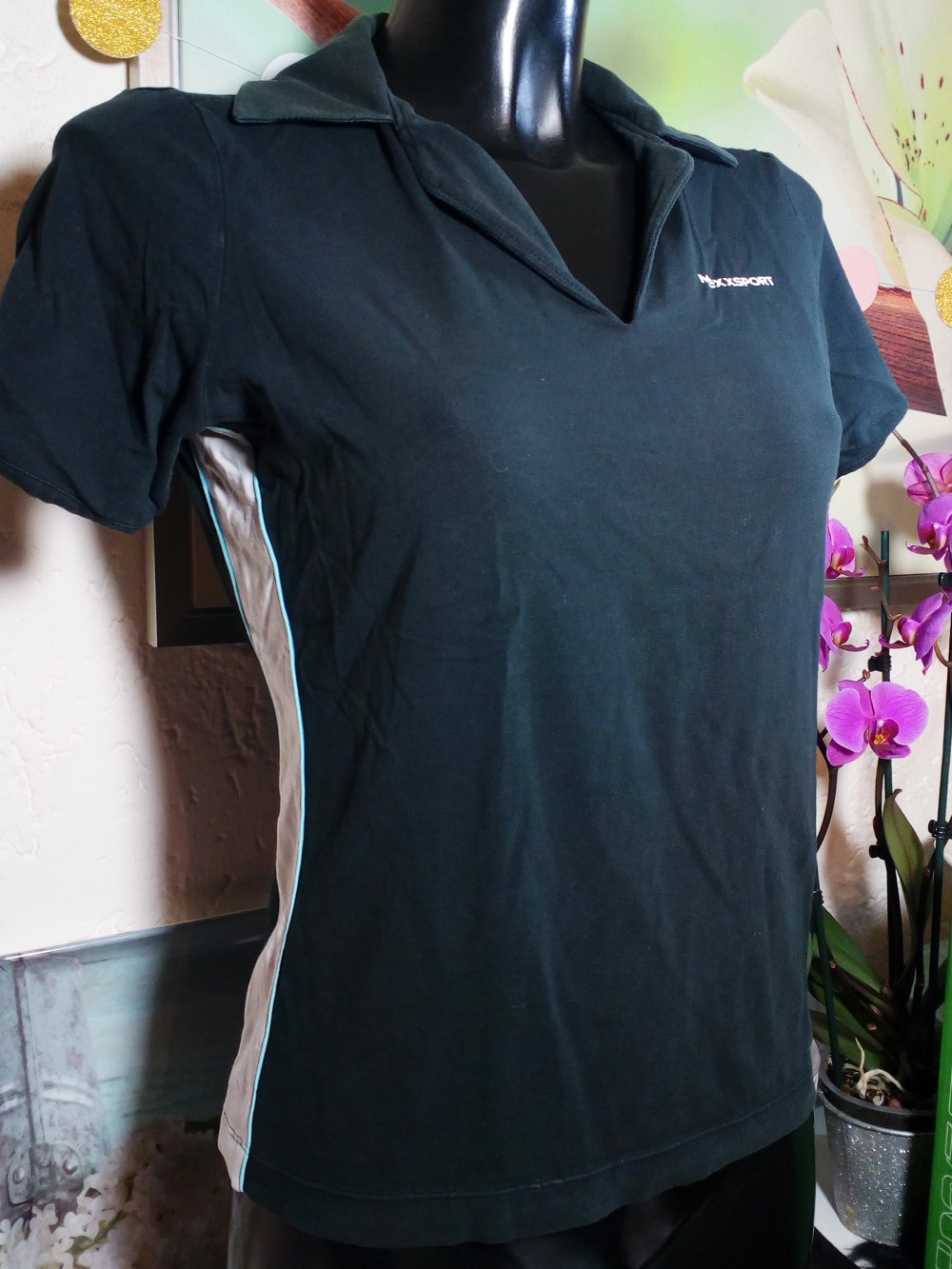 Mexx Sport Fitness Polo LA Shirt mit Kragen seitlich mit Streifen Gr M 38 Medium Schwarz Grau