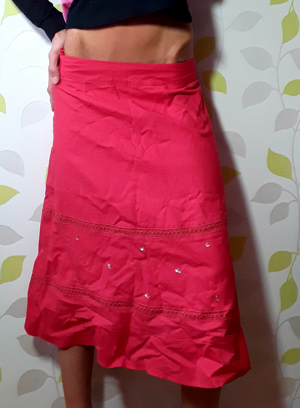 TOP! Traumhafter Vero Moda Pailletten Stickerei Leinen Rock Gr 34 XS 2 Lagig Lachs Coral