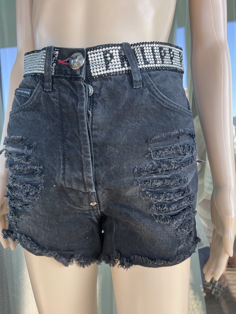 Philipp Plein rhinestone logo waistband denim shorts  size 26