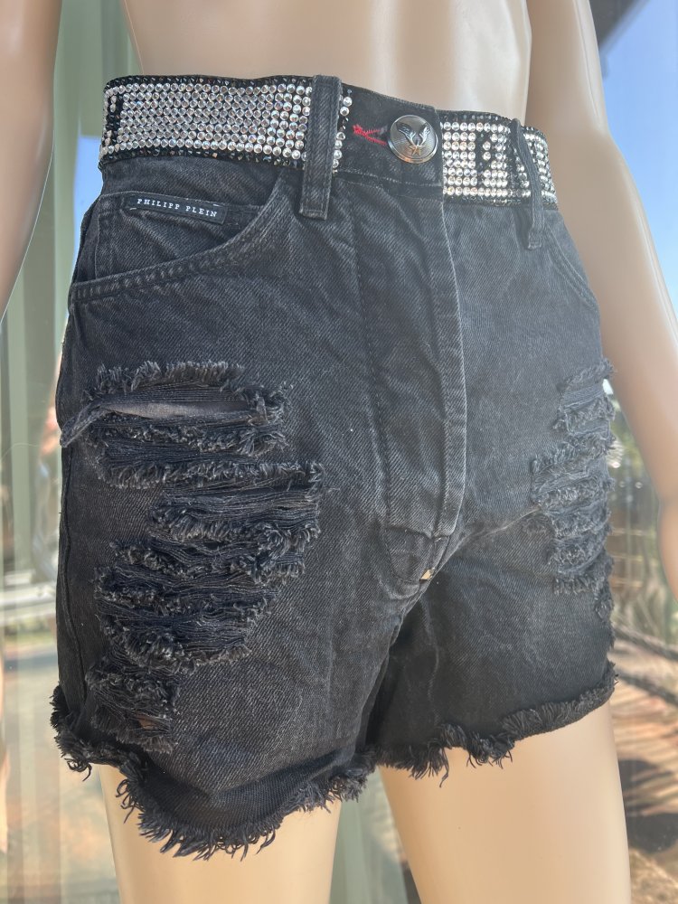 Philipp Plein rhinestone logo waistband denim shorts  size 26