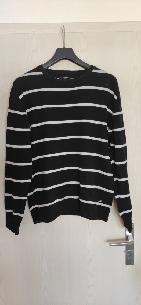 Antargo Pullover Wolle Sommer Schwarz m. weißen Streifen XL