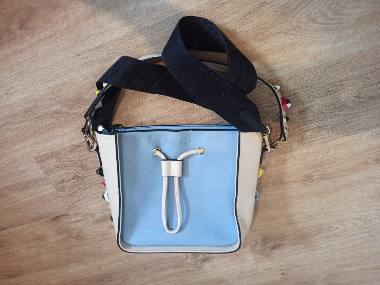 Schöne Leder-Tasche blau/creme Nas Bags
