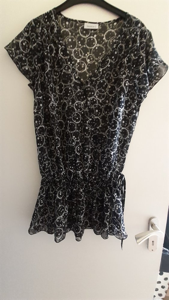 Tunika transparent Punkte, Kreise und Kringel, schwarz grau silber mit Glitzer.