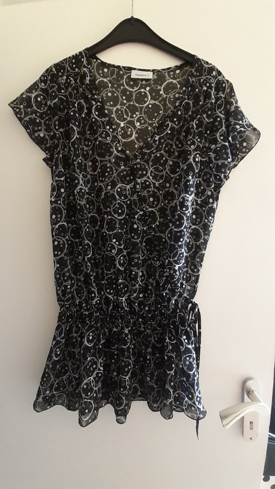 Tunika transparent Punkte, Kreise und Kringel, schwarz grau silber mit Glitzer.
