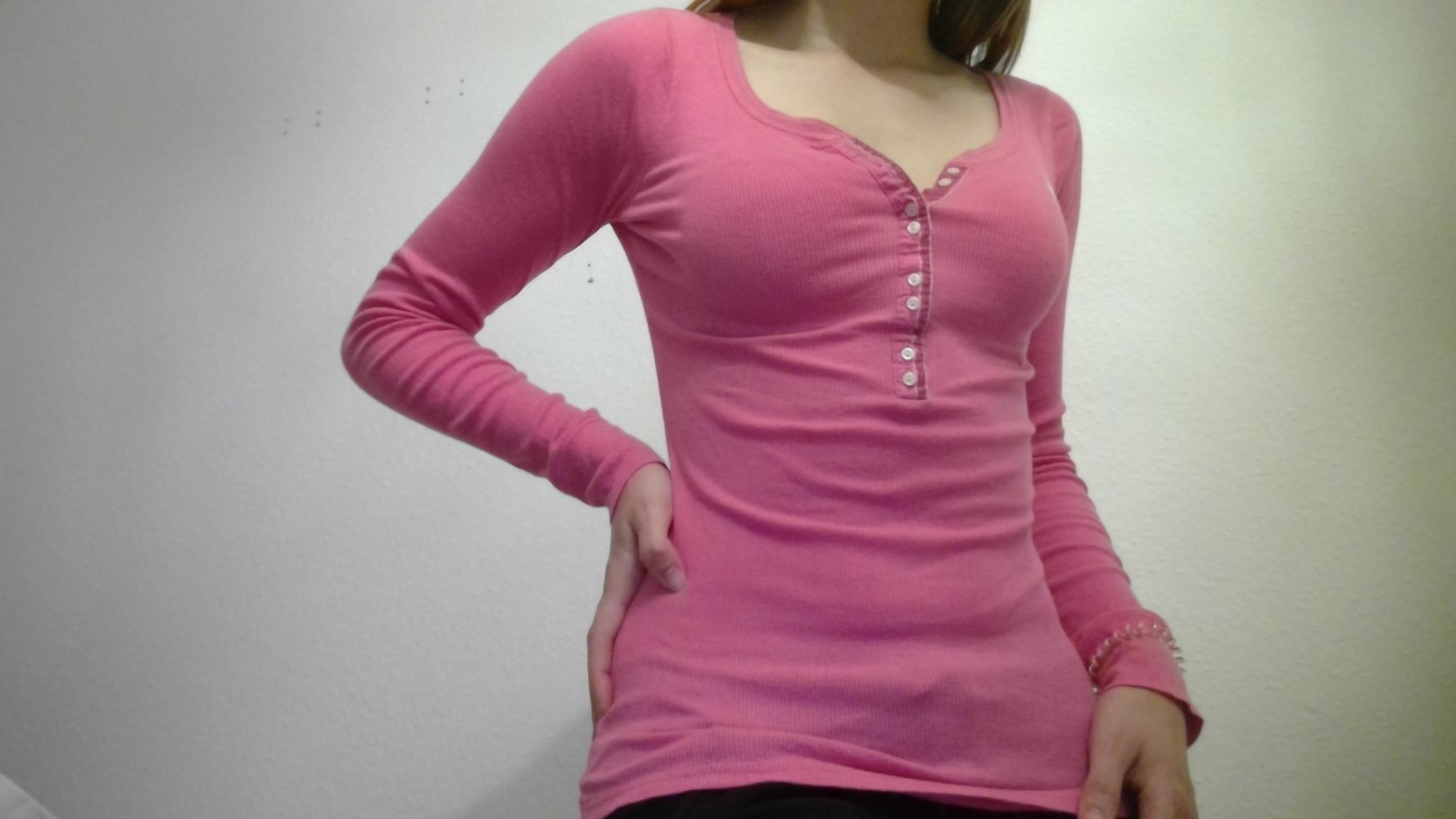 Langarm Shirt pink, weiße Knöpfe Rundhalsausschnitt, A&F Abercrombie & Fitch, Gr. XS - S