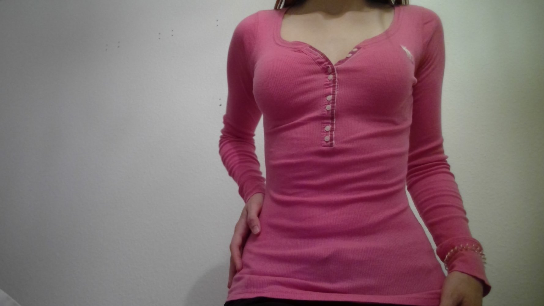 Langarm Shirt pink, weiße Knöpfe Rundhalsausschnitt, A&F Abercrombie & Fitch, Gr. XS - S