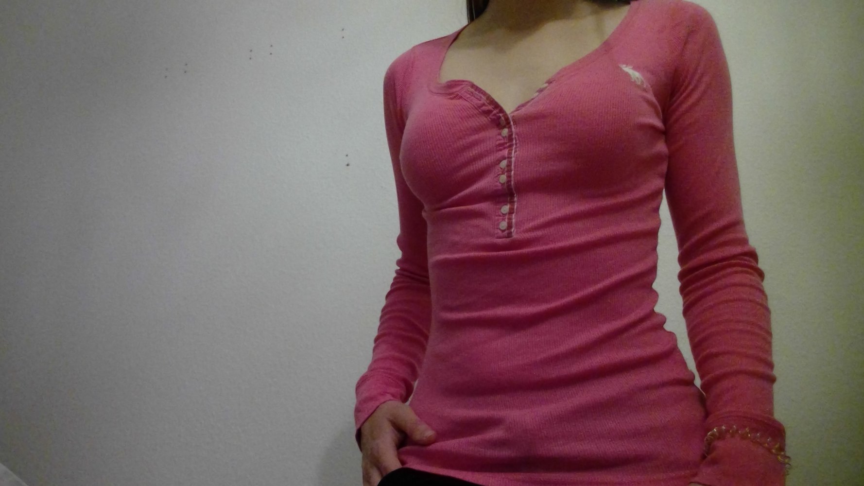 Langarm Shirt pink, weiße Knöpfe Rundhalsausschnitt, A&F Abercrombie & Fitch, Gr. XS - S