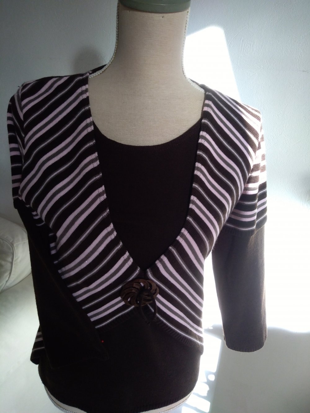 Damenpullover eingearbeitete Weste Gr 40 braun mit rosa