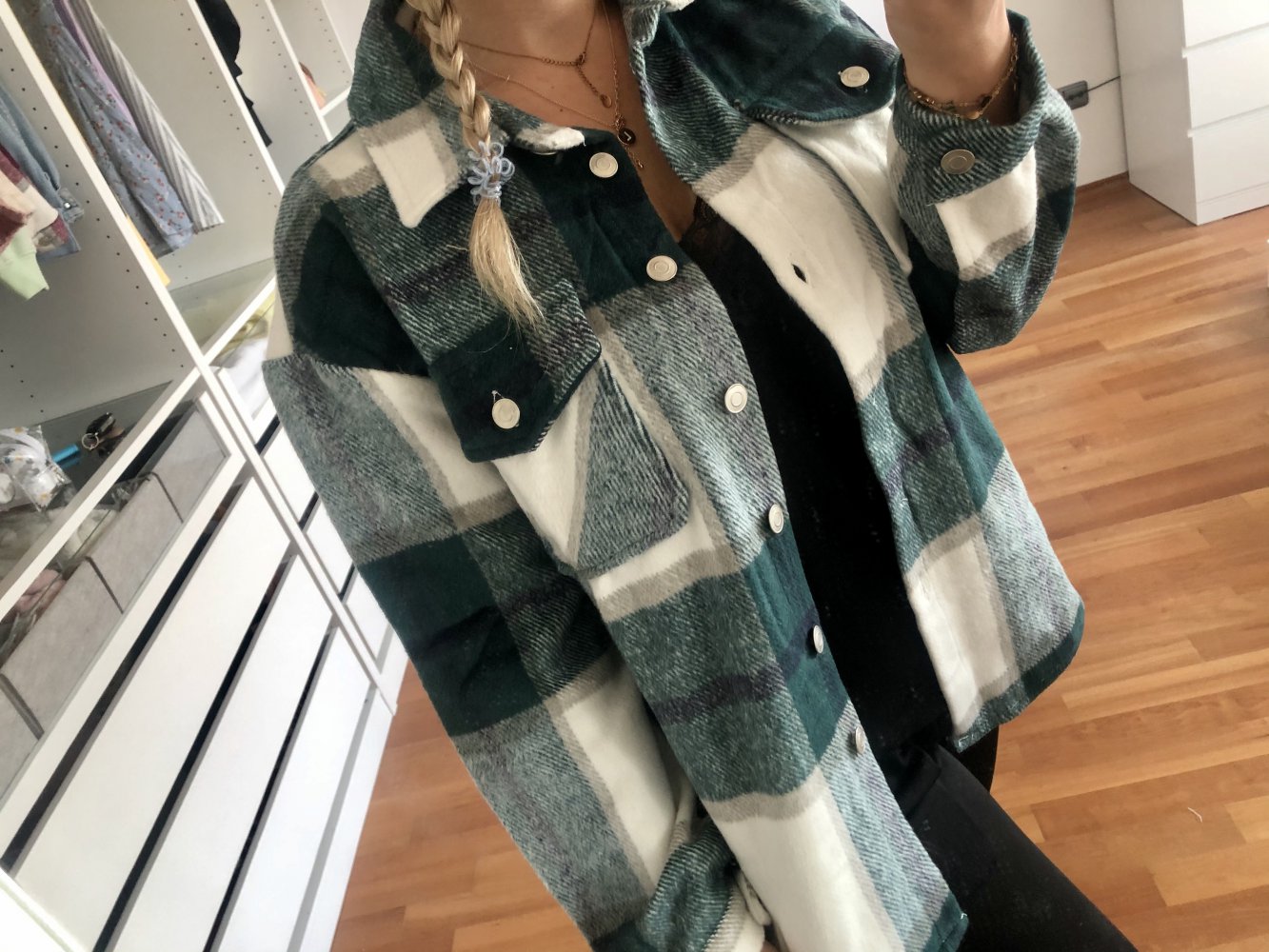 Zara Hemd Jacke Kariert Flanell oversize grün weiß 