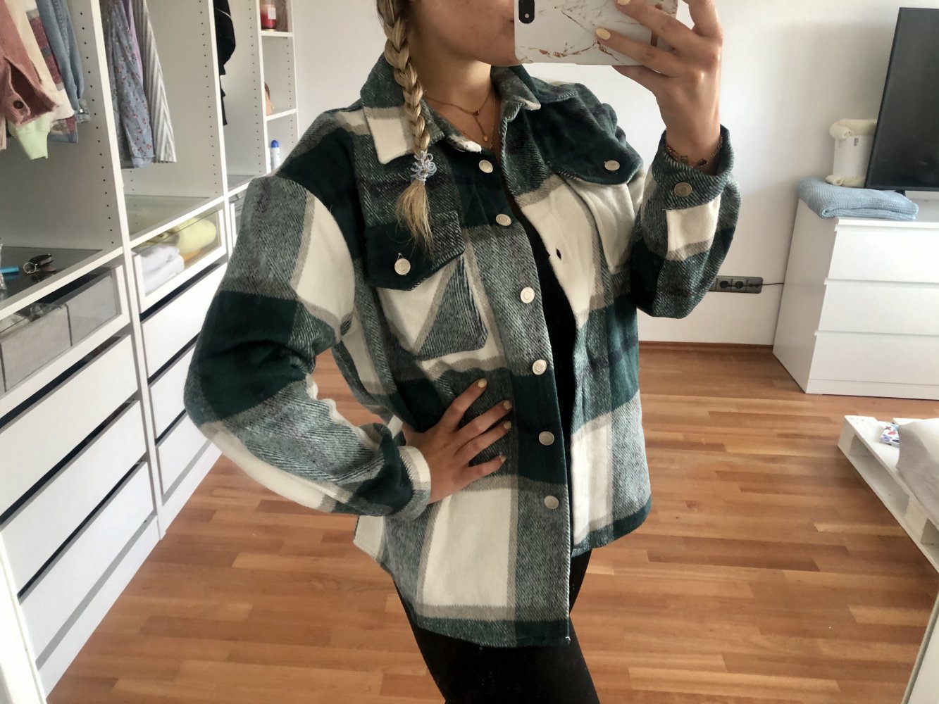 Zara Hemd Jacke Kariert Flanell oversize grün weiß 