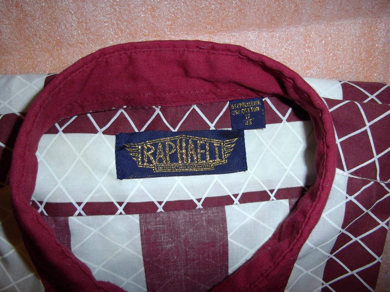 Raphaeli Italy Designer Goldlabel Hemd bordeauxrot weiß Streifen Rauten Kontrastkragen in Gr.XL 43cm Kragenweite