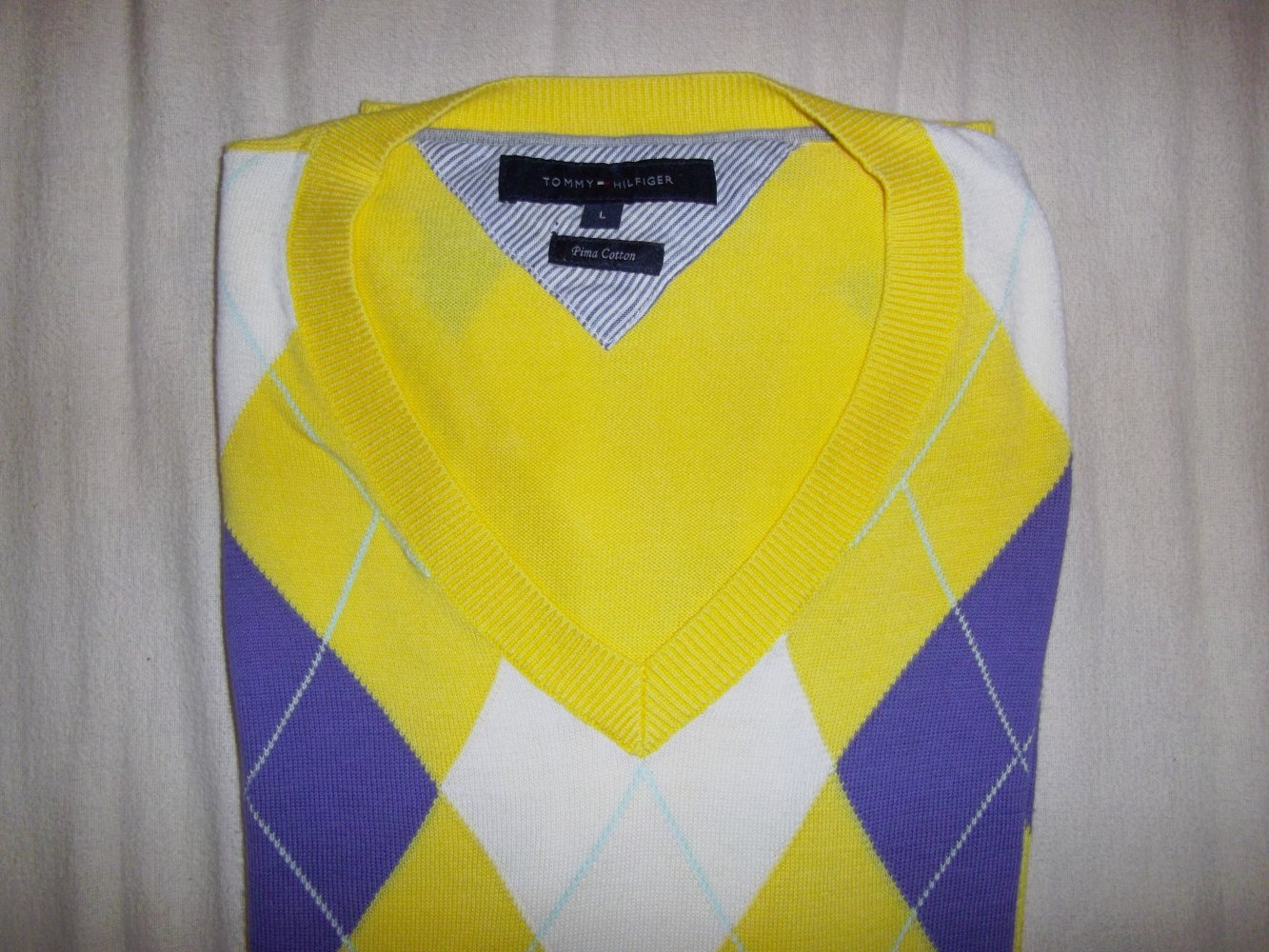 Golf Pullover gelb lila weiß Rautenmuster