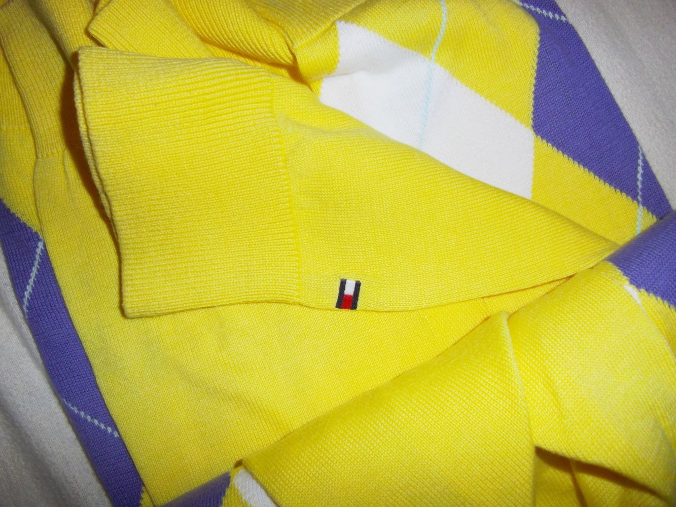 Golf Pullover gelb lila weiß Rautenmuster