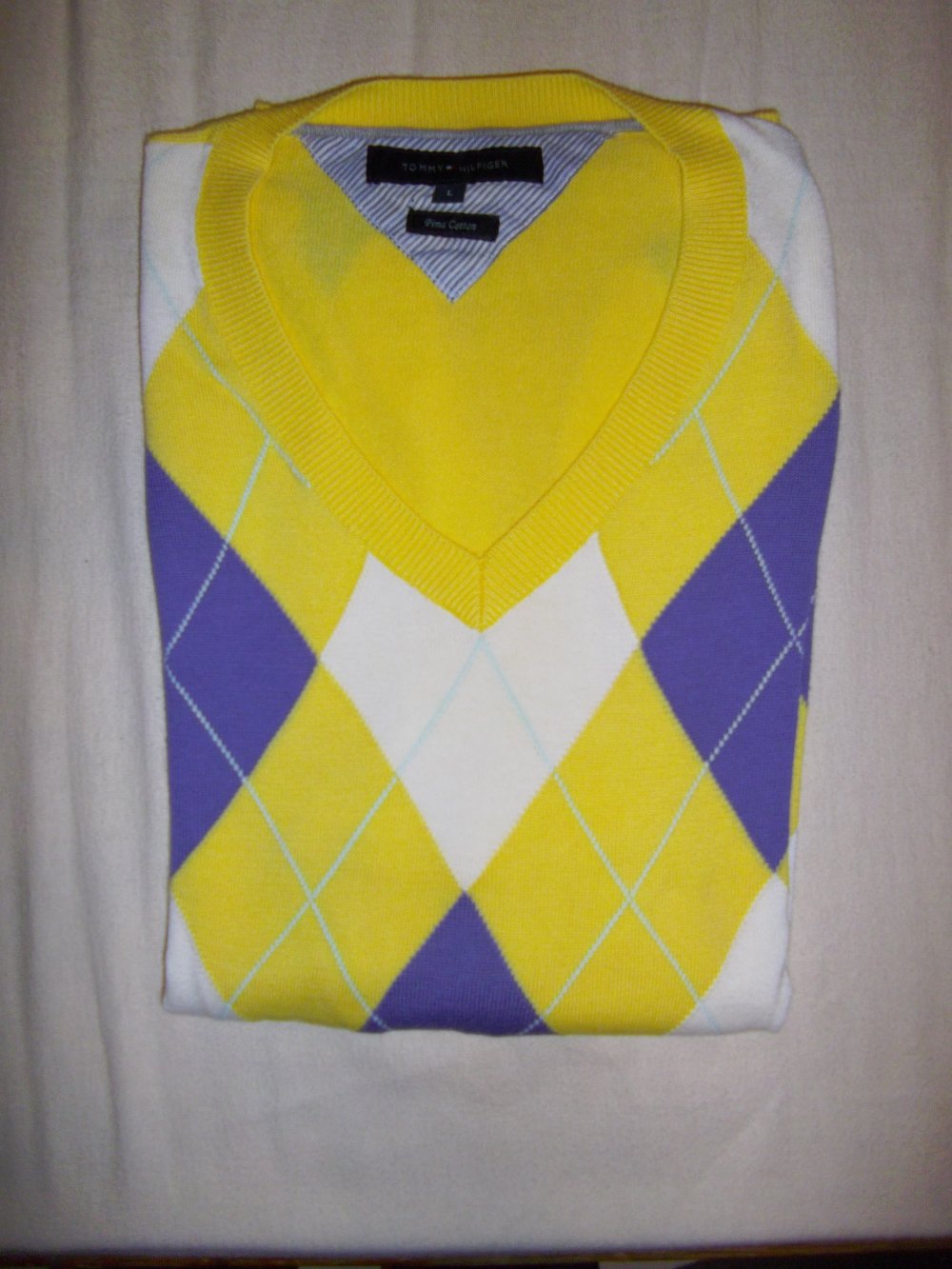 Golf Pullover gelb lila weiß Rautenmuster