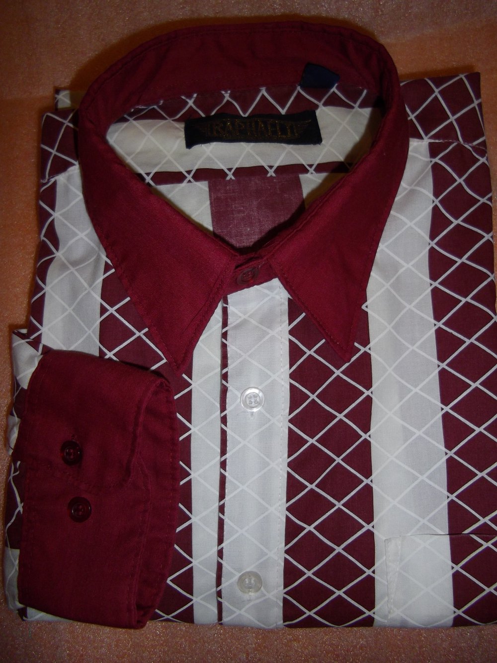 Raphaeli Italy Designer Goldlabel Hemd bordeauxrot weiß Streifen Rauten Kontrastkragen in Gr.XL 43cm Kragenweite