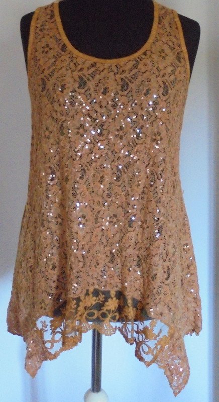Elegantes 3tlg. Set, Zipfeltunika, Lagenlook, Pailletten, Spitze, Eingeitsgröße