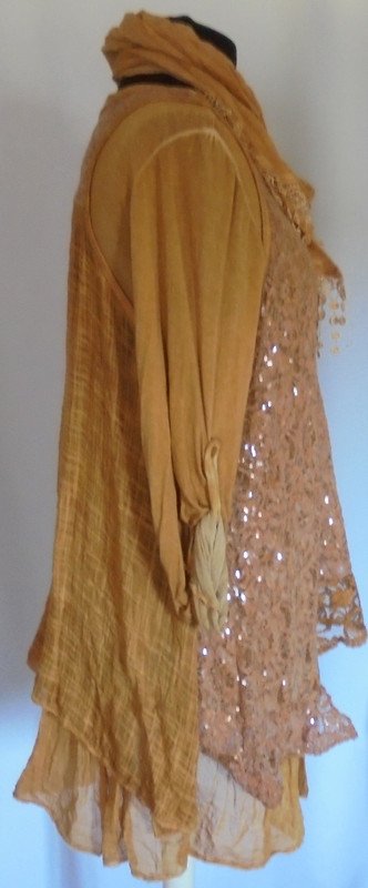 Elegantes 3tlg. Set, Zipfeltunika, Lagenlook, Pailletten, Spitze, Eingeitsgröße