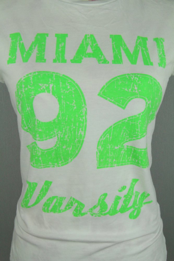 T-Shirt Shirt Tshirt weiß Print grün neongrün gr größe M 36 38 Miami 92 Oberteil Top