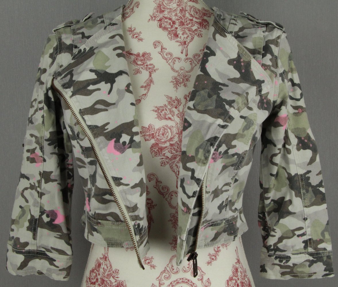 Kurzjacke Jacke kurz Camouflage Camo Tarnfarben grün pink Jeansjacke Jeans denim Denimjacke Gr 36