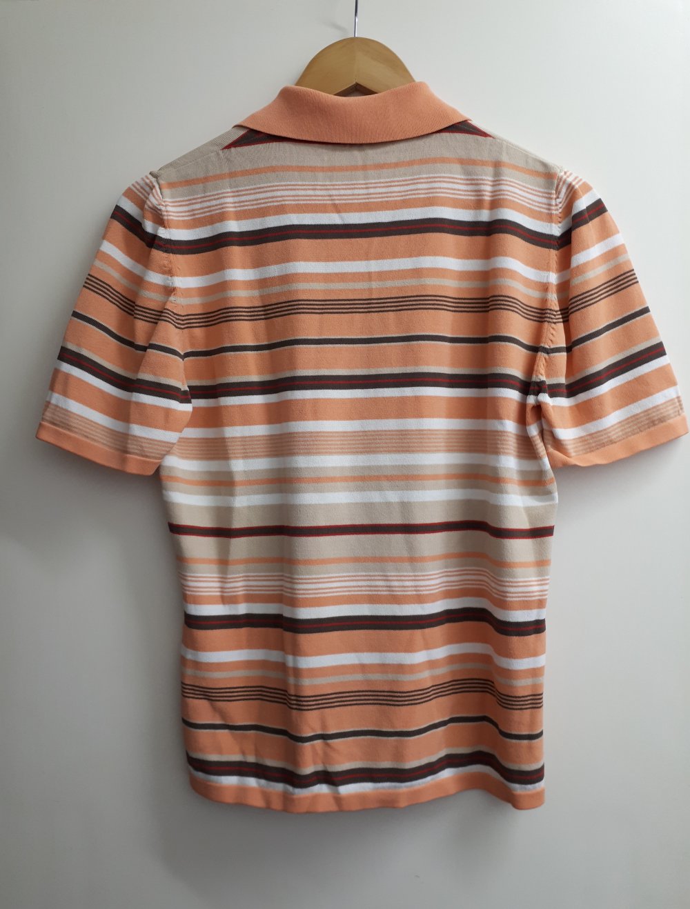 Retroshirt 70er Jahre Größe 38 S M orange weiß schwarz gestreift Viskose Polyamid Poloshirt T-Shirt Shirt Vintageshirt