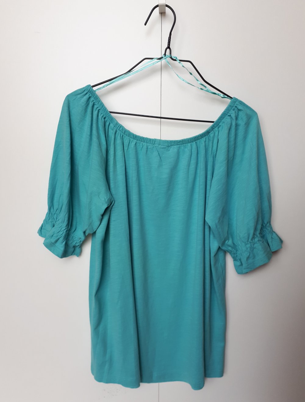 Türkises Esprit Rundhalsshirt Größe S 36 38 Tunika Shirt mit Puffärmeln Volants grün türkis