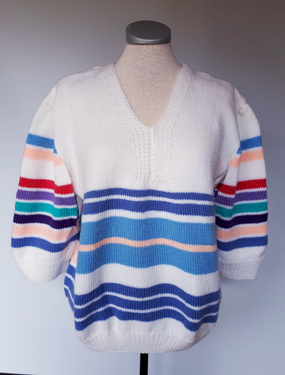 Strickpullover mit Streifen Vintagepulli L 40 42 weiß blau Pullover Pulli
