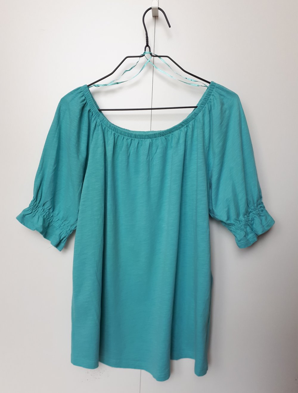 Türkises Esprit Rundhalsshirt Größe S 36 38 Tunika Shirt mit Puffärmeln Volants grün türkis