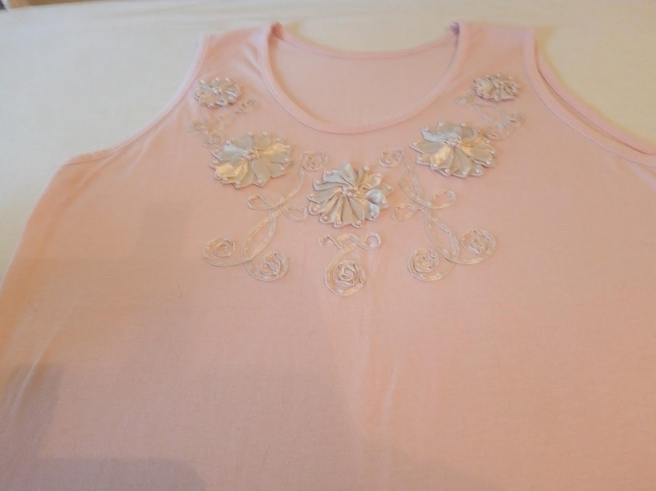 Oberteil Gr. 38/49, Top, Shirt, rosa Blumen + Perlen