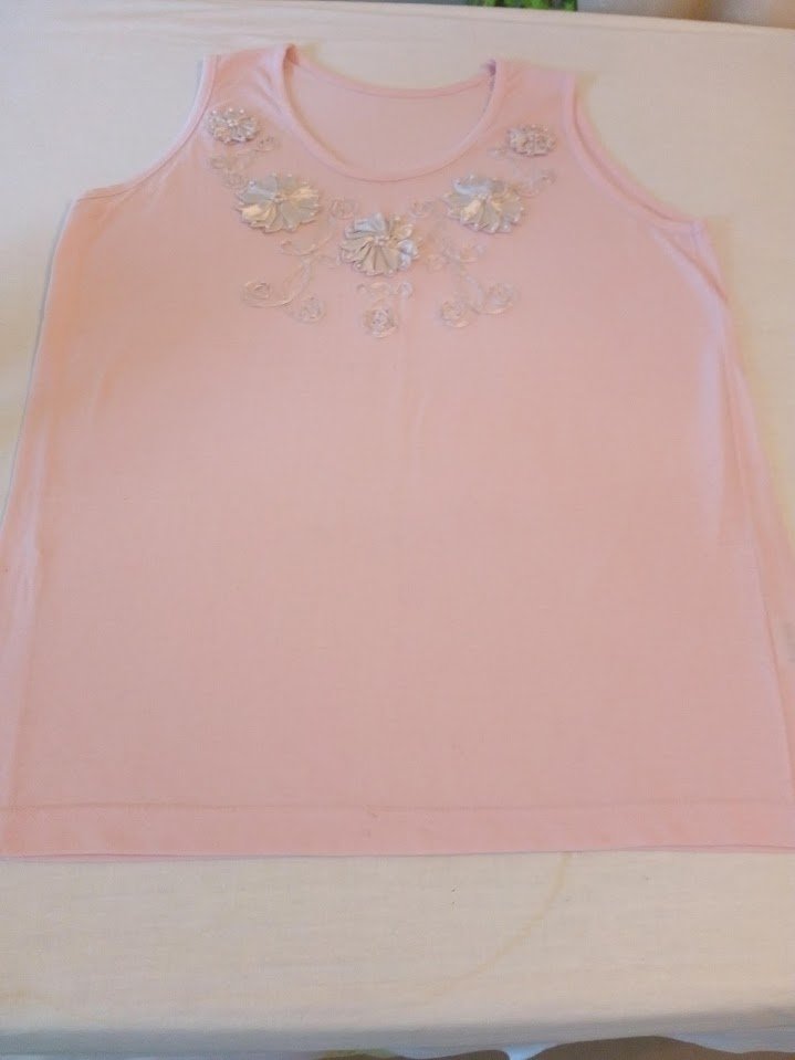 Oberteil Gr. 38/49, Top, Shirt, rosa Blumen + Perlen