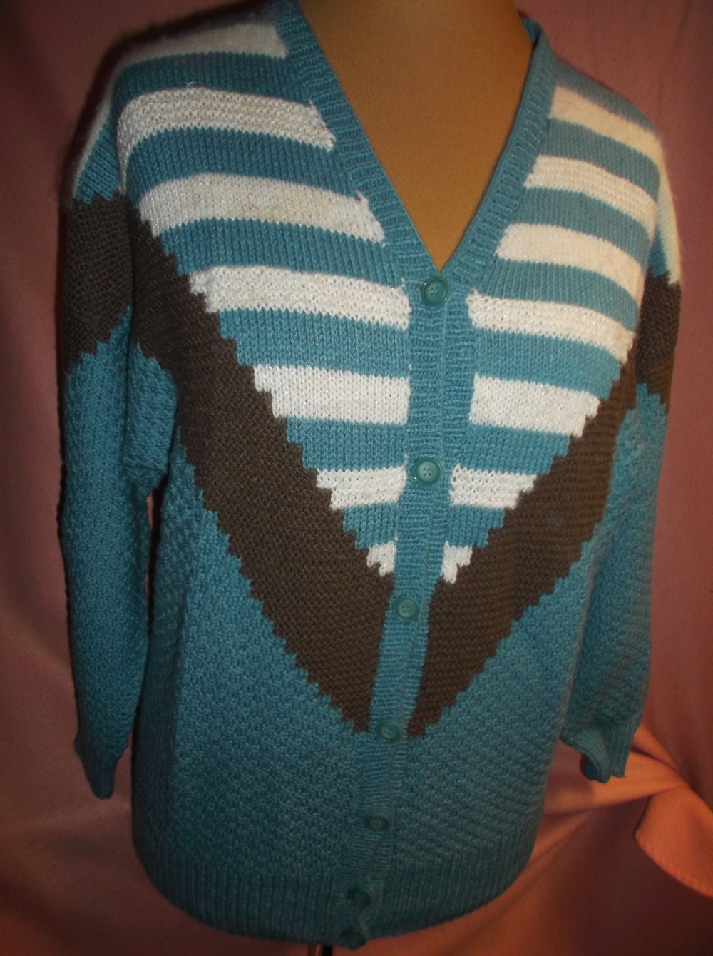 Handmade selbstgestrickt Damen Cardigan Strickjacke Gr.42 petrol braun gestreift