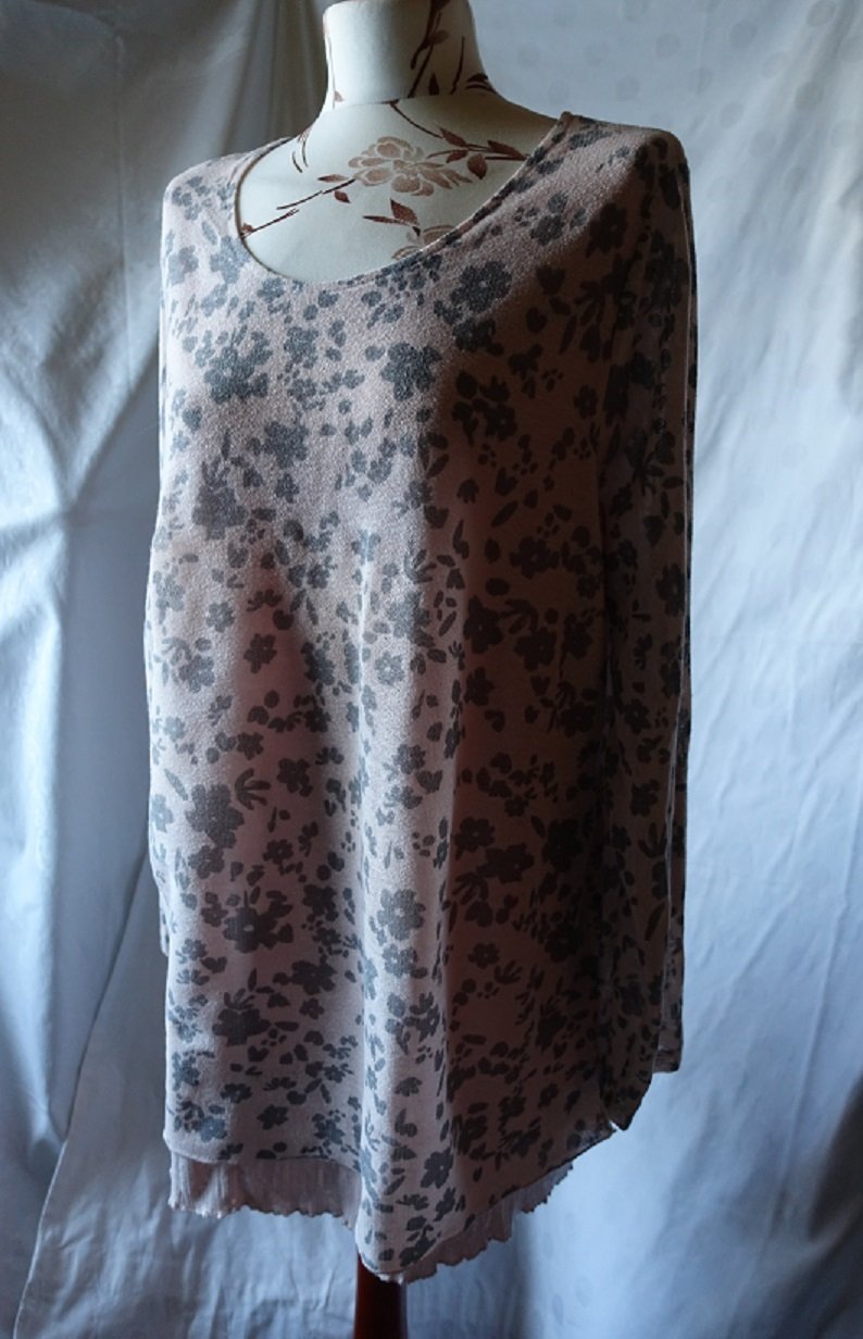 Gina Benotti Damen Tunika Shirt Gr. 48 rosa grau geblümt Glitzer Lagen